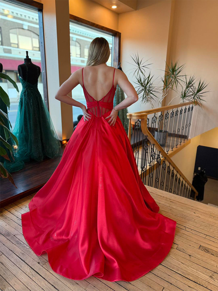 Red Satin Corset Long Prom Dress with Sheer Midriff