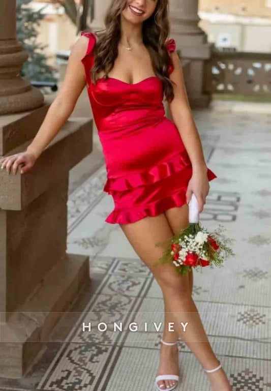Red Satin Ruffle Mini Sweetheart Homecoming Dress with Crisscross Back