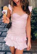 Red Satin Ruffle Mini Sweetheart Homecoming Dress with Crisscross Back