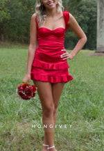 Red Satin Ruffle Mini Sweetheart Homecoming Dress with Crisscross Back