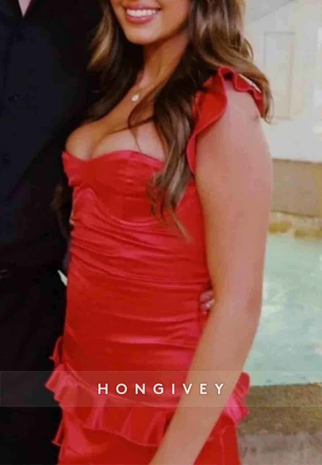 Red Satin Ruffle Mini Sweetheart Homecoming Dress with Crisscross Back