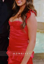 Red Satin Ruffle Mini Sweetheart Homecoming Dress with Crisscross Back
