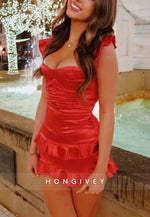 Red Satin Ruffle Mini Sweetheart Homecoming Dress with Crisscross Back