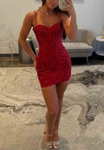 Red Sequin Corset Sheath Mini Homecoming Dress with Beaded Straps