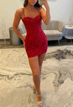 Red Sequin Corset Sheath Mini Homecoming Dress with Beaded Straps