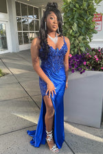 Red Appliques Mermaid Long Dress with Slit