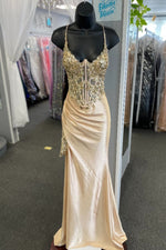 Red Appliques Mermaid Long Dress with Slit