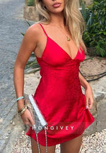 Red Satin Spaghetti Strap Low V-Neck Keyhole Back Mini Homecoming Dress