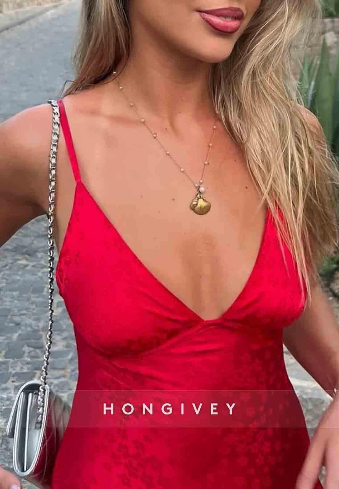 Red Satin Spaghetti Strap Low V-Neck Keyhole Back Mini Homecoming Dress