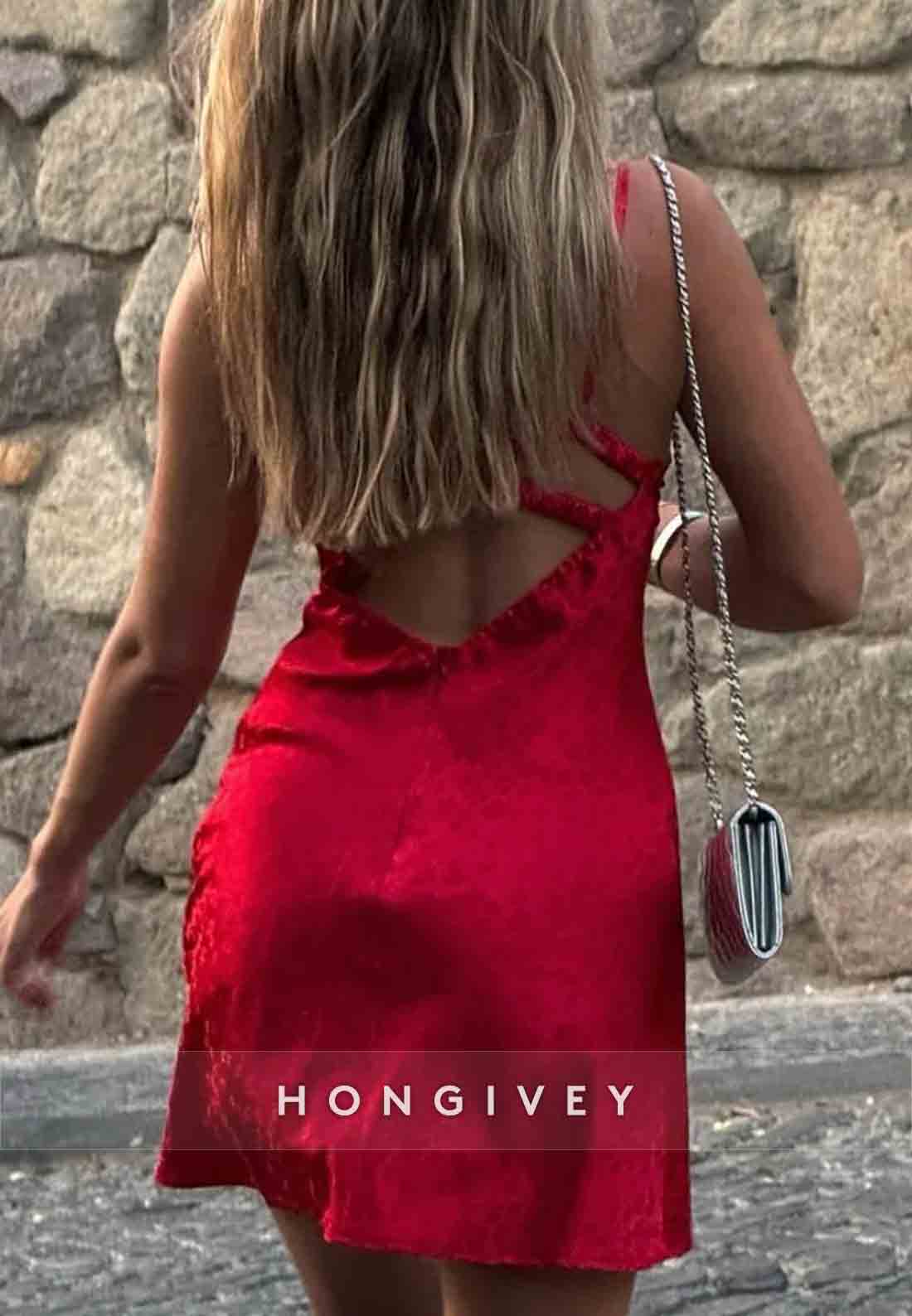 Red Satin Spaghetti Strap Low V-Neck Keyhole Back Mini Homecoming Dress