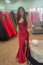 Red Appliques Mermaid Long Dress with Slit