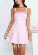 Cute Light Pink Shoulder Flower A-Line Satin Mini Homecoming Dress