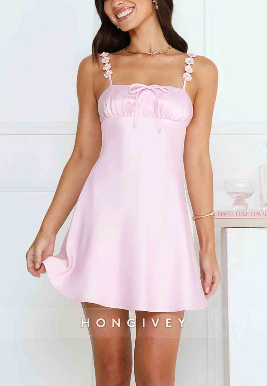 Cute Light Pink Shoulder Flower A-Line Satin Mini Homecoming Dress