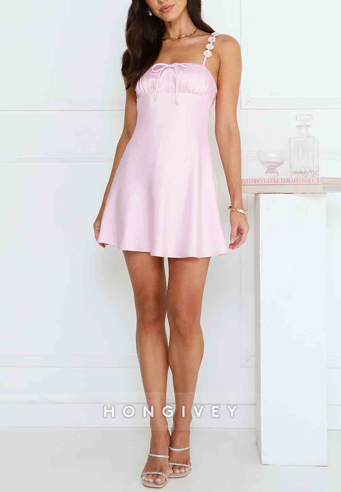 Cute Light Pink Shoulder Flower A-Line Satin Mini Homecoming Dress