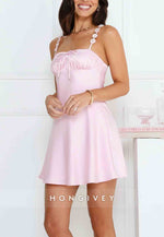 Cute Light Pink Shoulder Flower A-Line Satin Mini Homecoming Dress