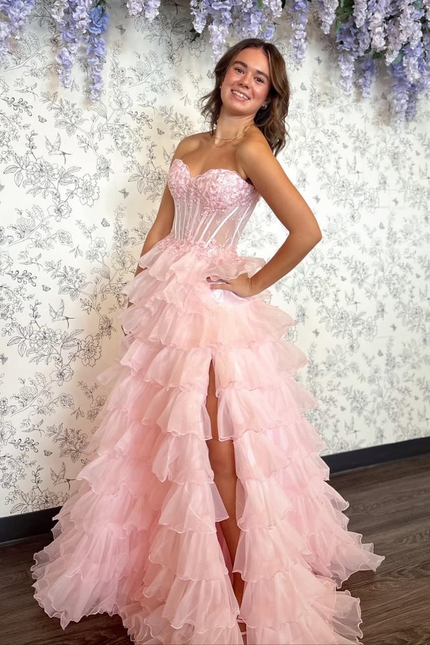 Princess A Line Sweetheart Blush Pink Corset Tiered Tulle Prom Gown with Slit