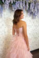 Princess A Line Sweetheart Blush Pink Corset Tiered Tulle Prom Gown with Slit