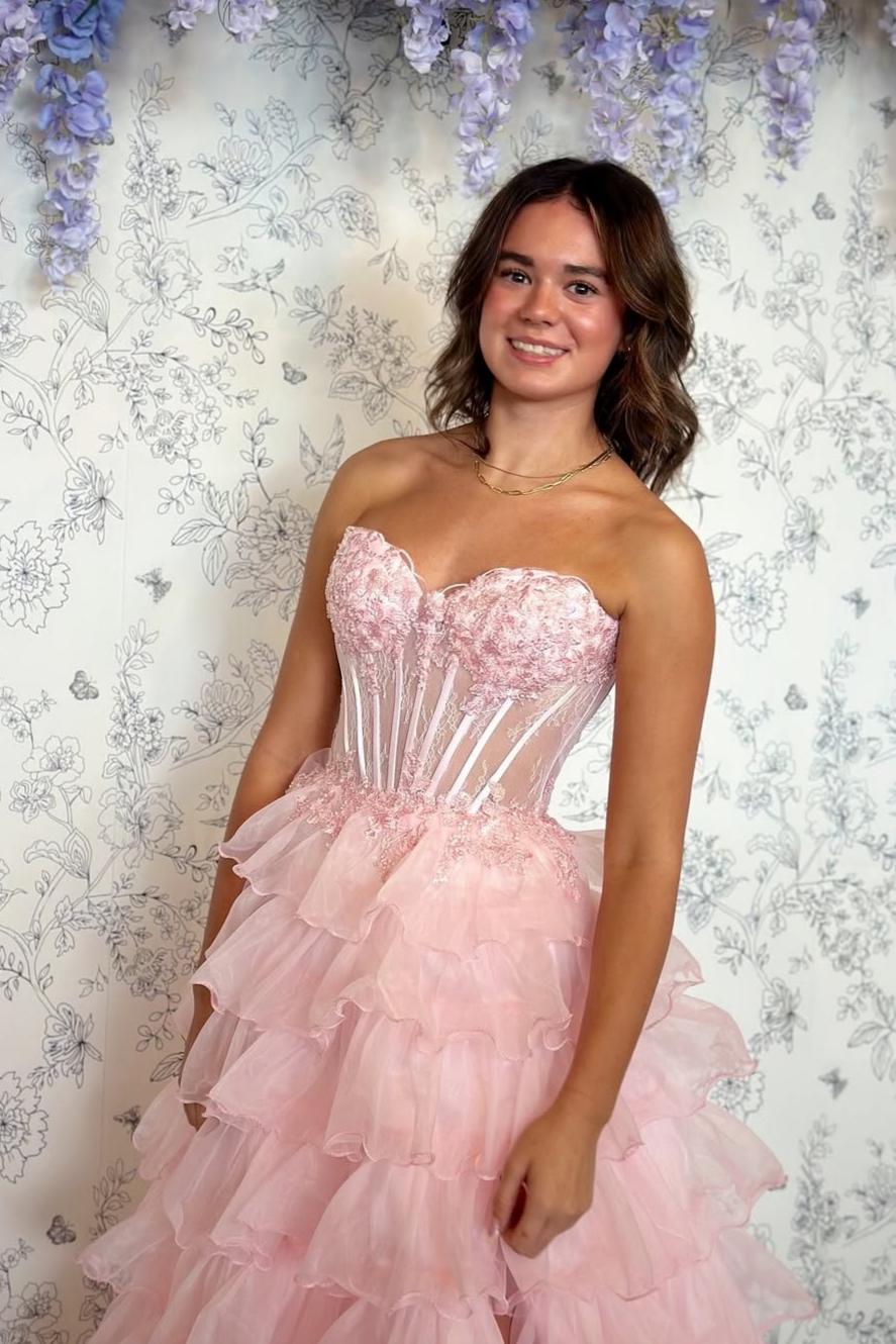 Princess A Line Sweetheart Blush Pink Corset Tiered Tulle Prom Gown with Slit