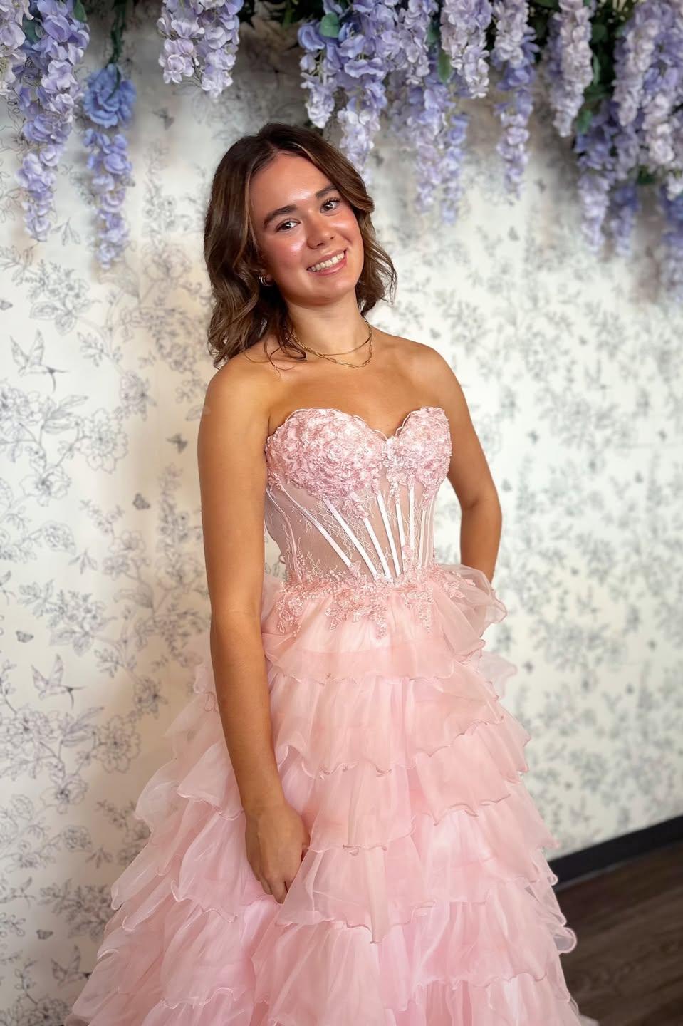 Princess A Line Sweetheart Blush Pink Corset Tiered Tulle Prom Gown with Slit