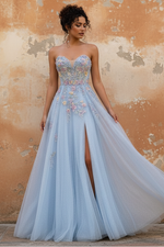 Romantic Light Blue Strapless Floral Appliqué Tulle Prom Dress with Flowing Train