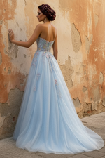 Romantic Light Blue Strapless Floral Appliqué Tulle Prom Dress with Flowing Train