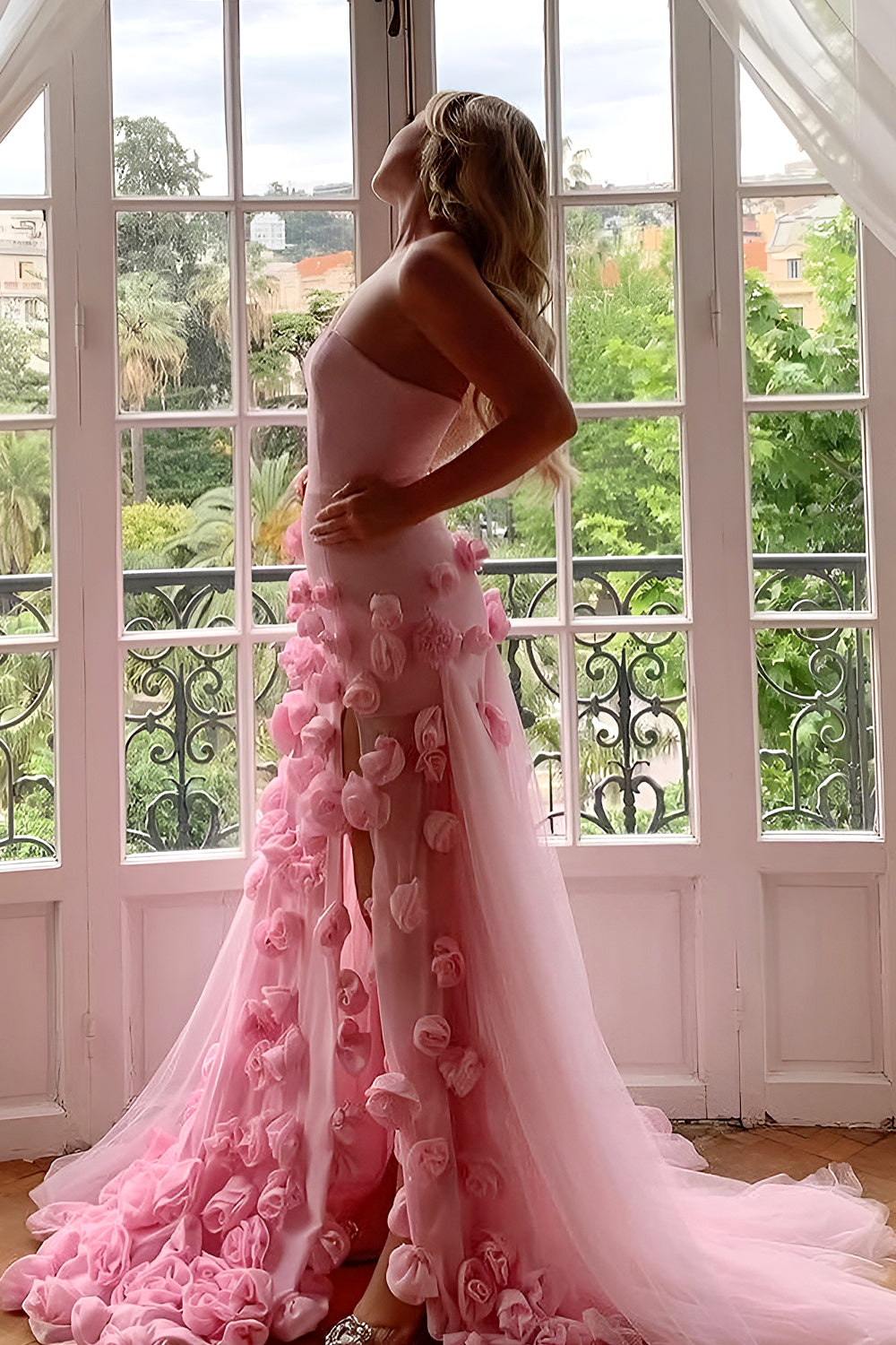 Romantic Pink Mermaid Prom Dress with Sweetheart Bodice 3D Flowers and Thigh Slit