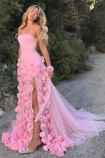 Romantic Pink Mermaid Prom Dress with Sweetheart Bodice 3D Flowers and Thigh Slit