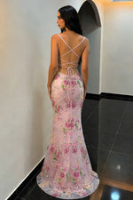 Stunning Mermaid Spaghetti Straps Pink Floral Embroidered Prom Dress with Lace Up Back
