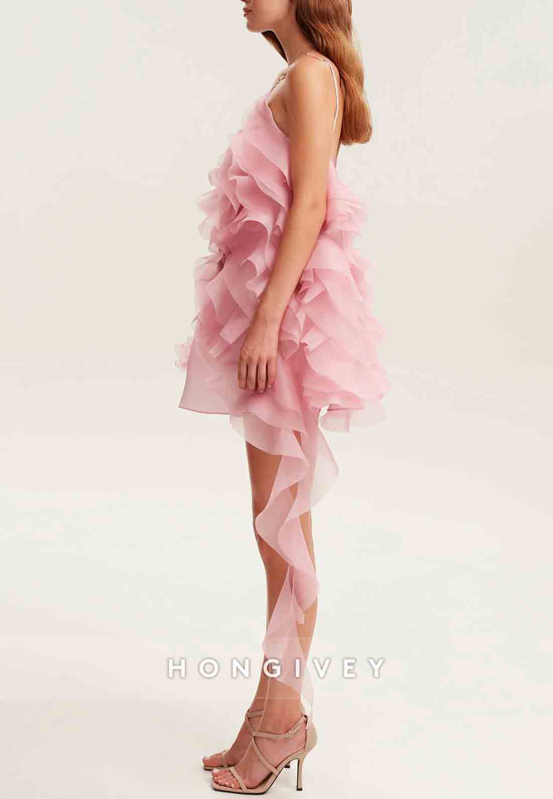 Romantic Spaghetti Straps Ruffled Pink Mini Dress with Rose Appliques