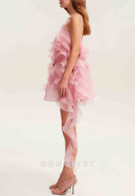 Romantic Spaghetti Straps Ruffled Pink Mini Dress with Rose Appliques