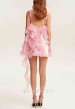 Romantic Spaghetti Straps Ruffled Pink Mini Dress with Rose Appliques