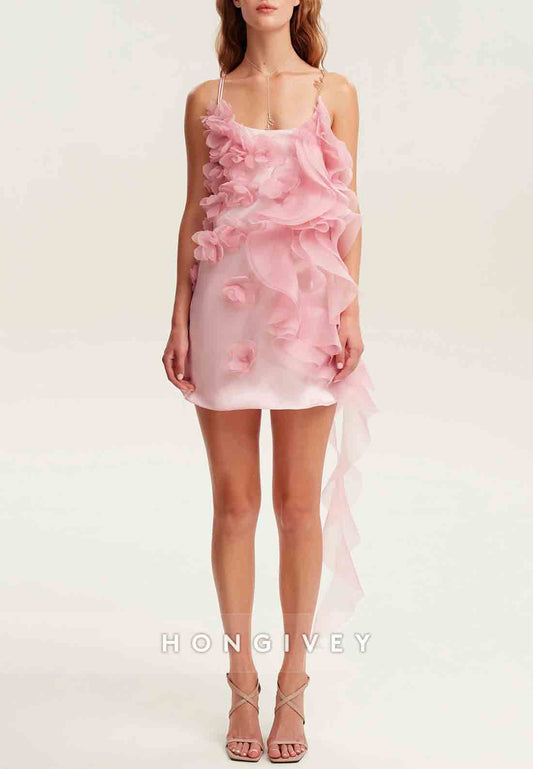Romantic Spaghetti Straps Ruffled Pink Mini Dress with Rose Appliques