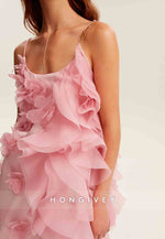 Romantic Spaghetti Straps Ruffled Pink Mini Dress with Rose Appliques