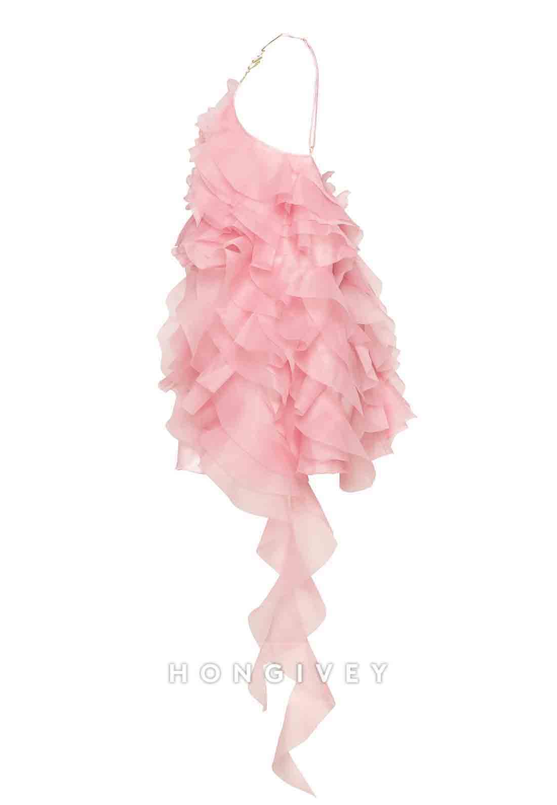 Romantic Spaghetti Straps Ruffled Pink Mini Dress with Rose Appliques