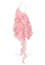 Romantic Spaghetti Straps Ruffled Pink Mini Dress with Rose Appliques