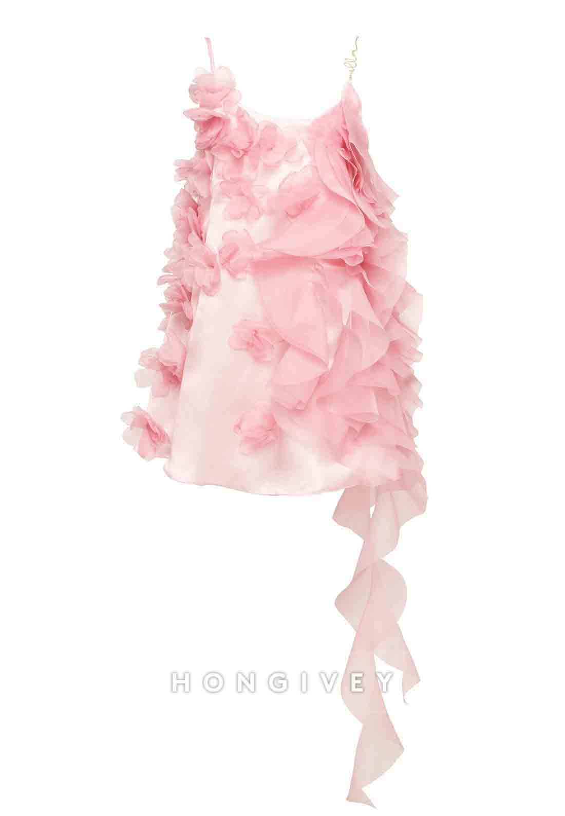 Romantic Spaghetti Straps Ruffled Pink Mini Dress with Rose Appliques