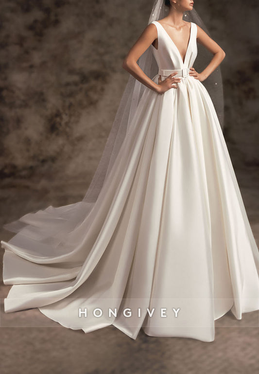 Waistband Chapel Train Cap Straps Satin V Neck Pleated Wedding Dresses