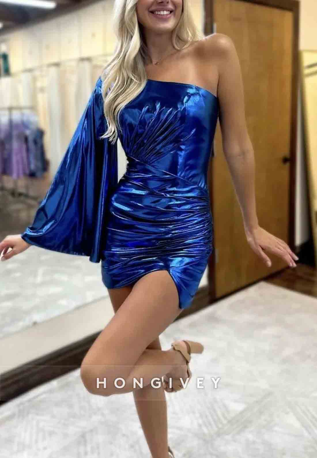 Purple One Shoulder Long Sleeves Short Metallic Mini Homecoming Dress