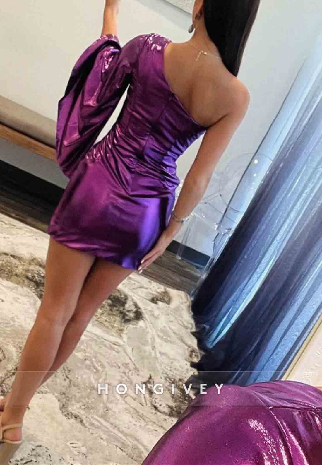 Purple One Shoulder Long Sleeves Short Metallic Mini Homecoming Dress
