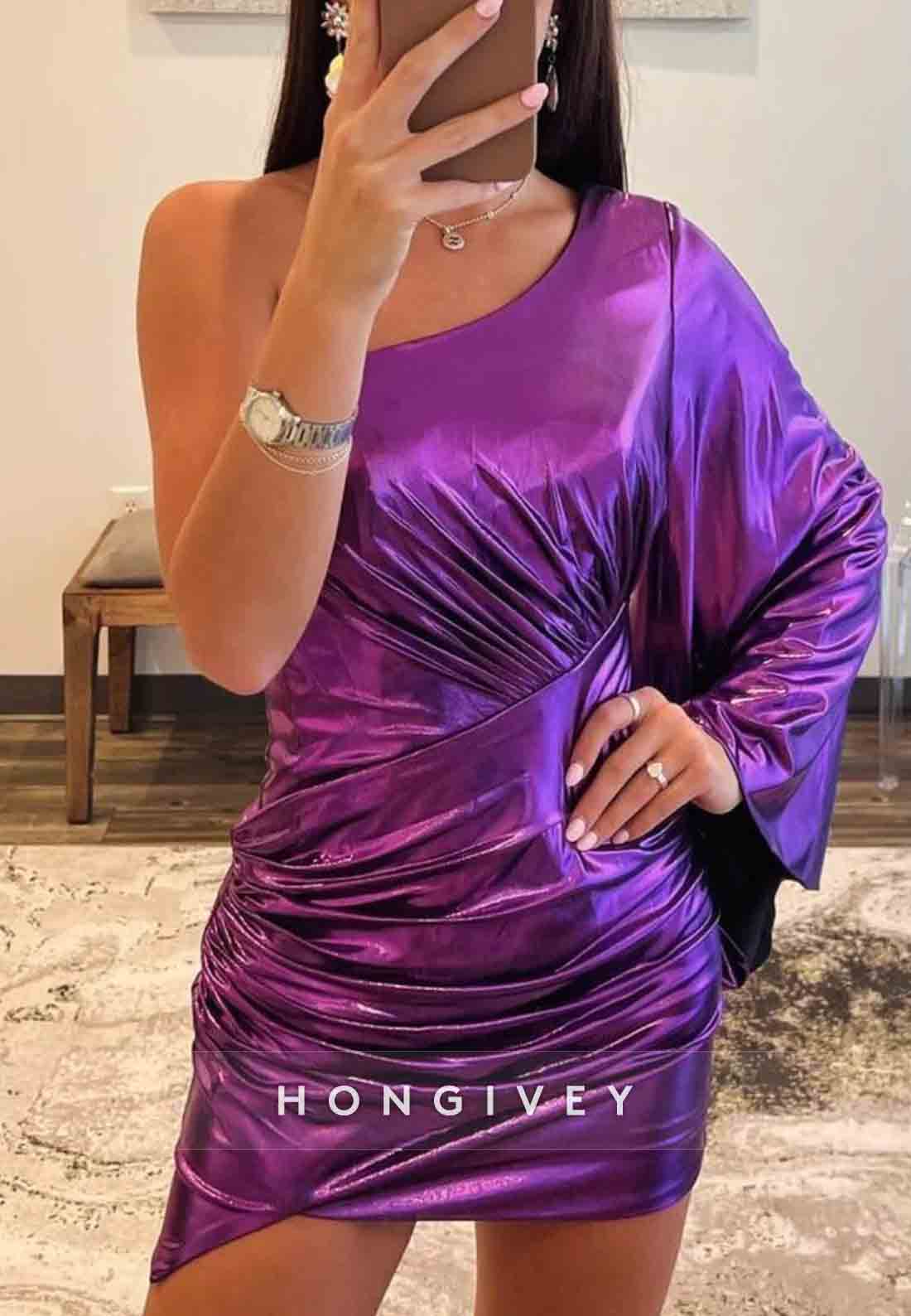 Purple One Shoulder Long Sleeves Short Metallic Mini Homecoming Dress