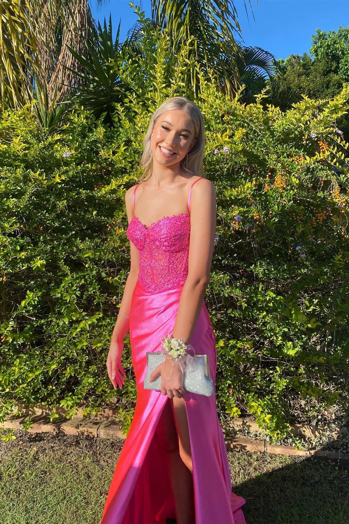Ruched Hot Pink Lace Appliques Long Formal Dress