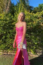 Ruched Hot Pink Lace Appliques Long Formal Dress