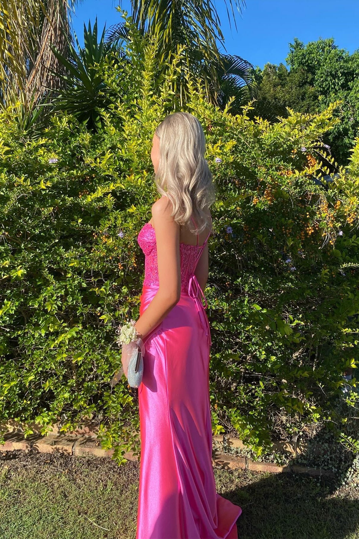 Ruched Hot Pink Lace Appliques Long Formal Dress