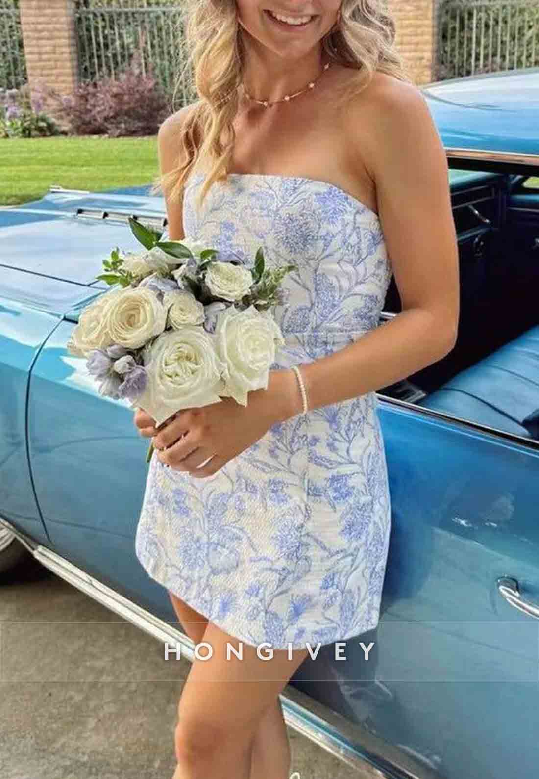 Strapless Sheath Low Back Sleeveless Floral Print Mini Homecoming Dresses