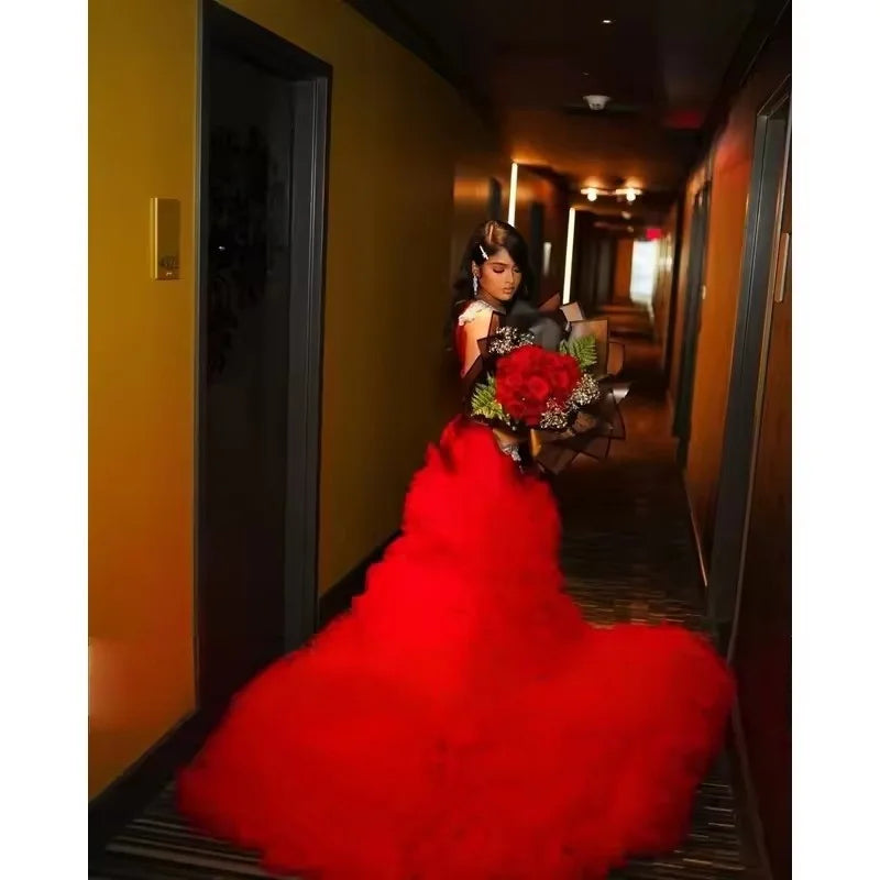 Customized African Red Mermaid Prom Dresses 2026 For Black Girls Silver Crystal Beaded High Slit Ruffles Party Gown Soirée