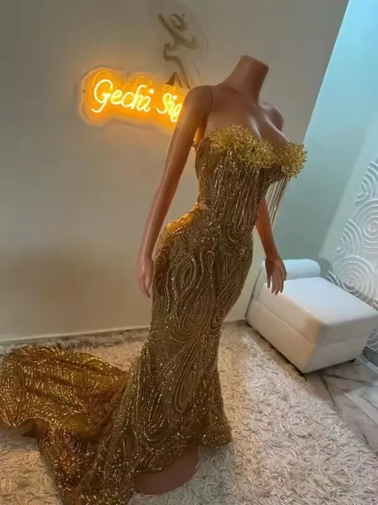 Gold Long Prom Dresses 2026 For Black Girls Corset Strapless Sequin Crystal Tassel Evening Gowns For Party Customized Robe De