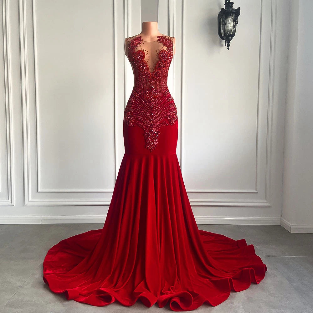 Long Prom Dresses 2026 Luxury Sparkly Beaded Diamond Sexy Mermaid Sheer Top Black Girl Red Velvet Prom Gala Gowns