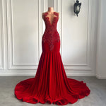 Long Prom Dresses 2026 Luxury Sparkly Beaded Diamond Sexy Mermaid Sheer Top Black Girl Red Velvet Prom Gala Gowns
