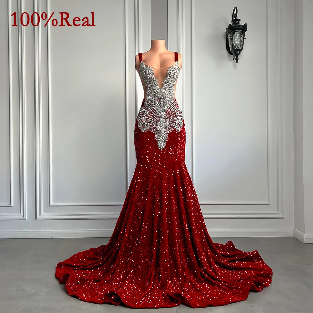 Gorgeous Long Prom Dresses 2026 Mermaid Style Luxury Sparkly Silver Crystals Red Sequin Black Girls Prom Party Formal Gowns