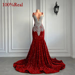 Gorgeous Long Prom Dresses 2026 Mermaid Style Luxury Sparkly Silver Crystals Red Sequin Black Girls Prom Party Formal Gowns